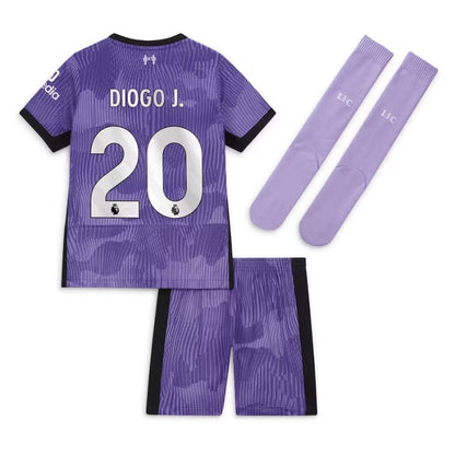 Liverpool Third Kit 2023-24 - Little Kids with Diogo J. 20 printing Jersey - Purple