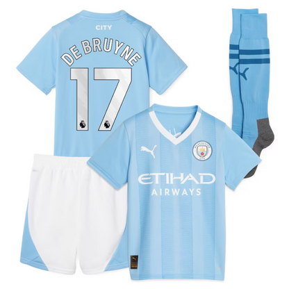 Manchester City Home Kids Kit Puma 2023-24 De Bruyne 17 printing Jersey  - Blue