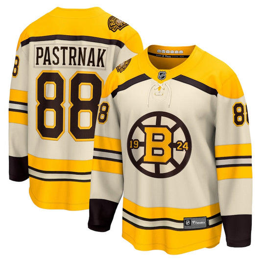 Boston Bruins Fanatics 100th Anniversary Alternate Breakaway Jersey - Cream - David Pastrnak - Yellow