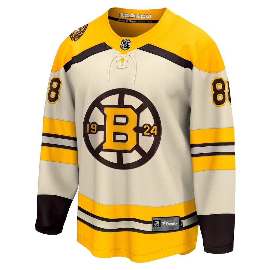 Boston Bruins Fanatics 100th Anniversary Alternate Breakaway Jersey - Cream - David Pastrnak - Yellow